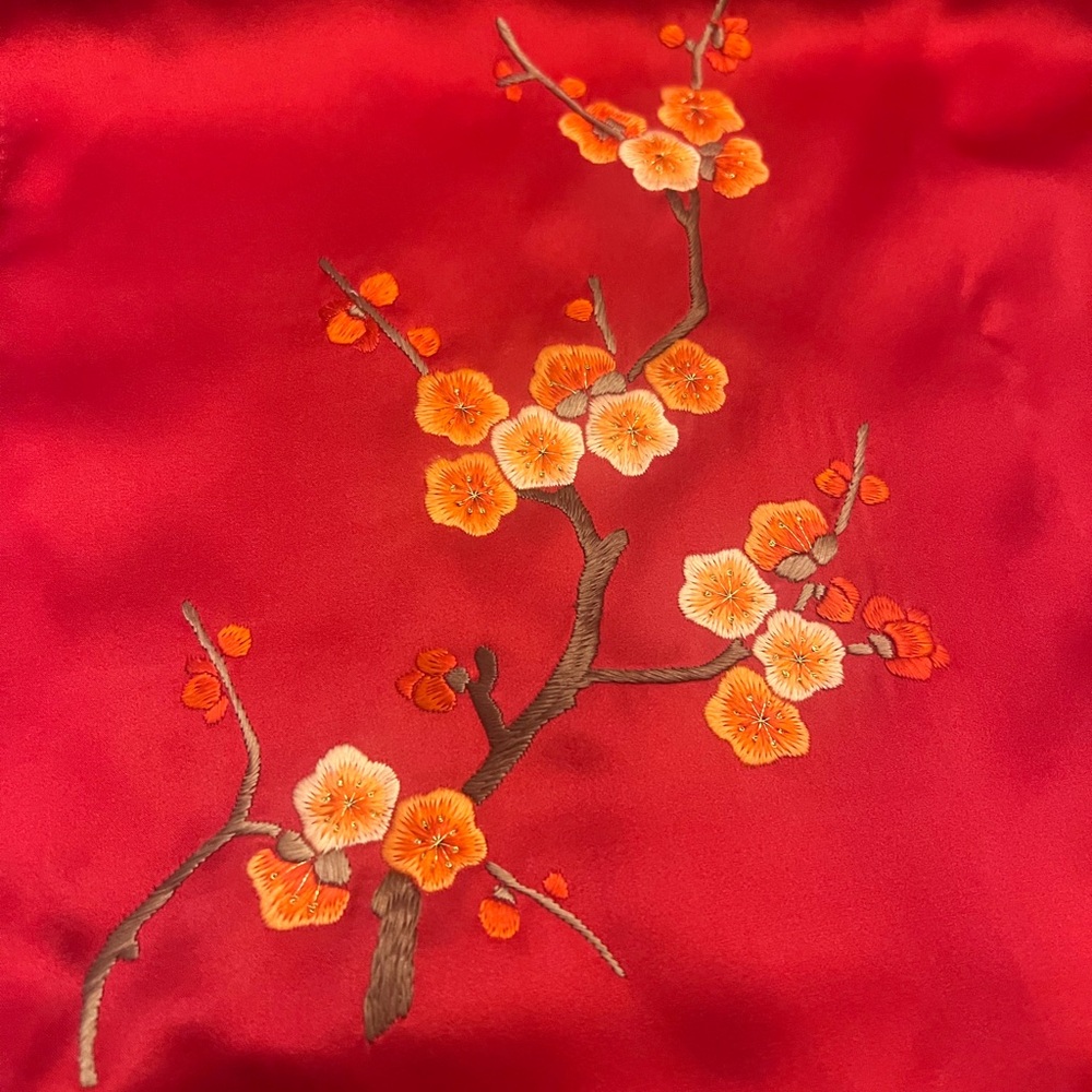 Red Floral Embroidered Silk Scarf/ Table runner